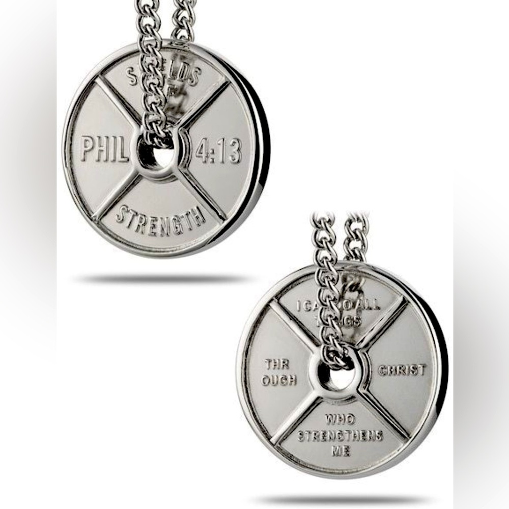 Silver steel Weight Plate and Silver chain necklace. Shields of Strength